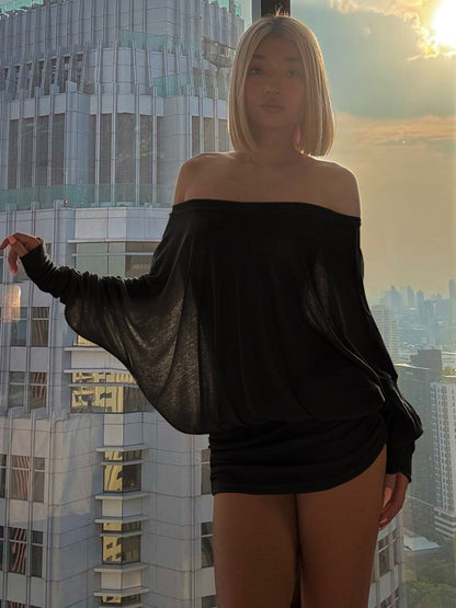 Women's Solid Off The Shoulder Sheer Ruched Dress