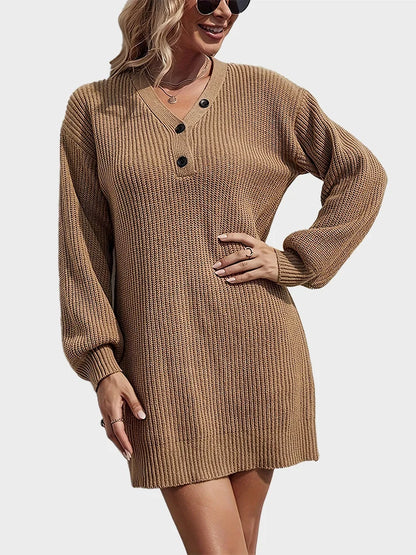 Womens V Neck Mini Sweater Dress Long Lantern Sleeve Pullover Sweaters