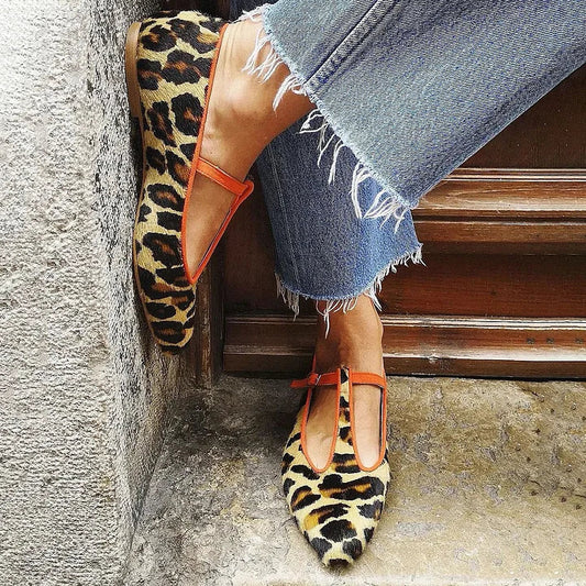 LEOPARD T-STRAP FLATS